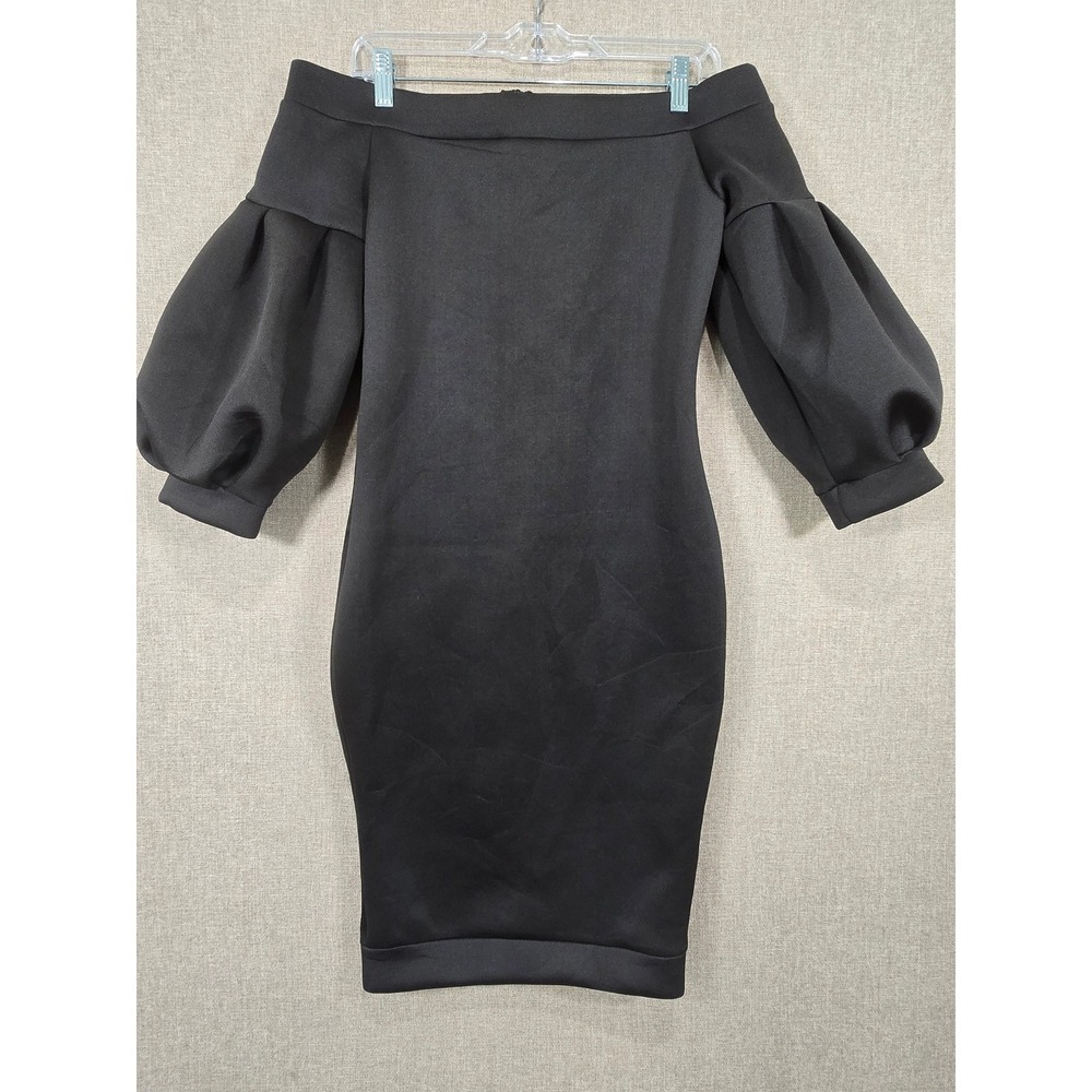 CBR Chic Boutique Rose NWT Black Off Shoulder Puff Sleeve Bodycon Midi Dress M